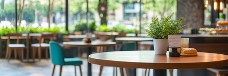 Charming Urban Cafe Interior with Blurred Background, Natural Light, and Delicious Pastries.の素材