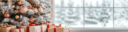 Christmas Tree Decorated with Ornaments and Gifts, Snowy Window View, Festive Holiday Sceneの素材
