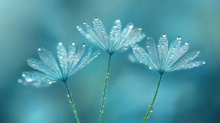 Trio of Delicate Blue Flowers Covered in Dewdrops, Close Up View, Macro Nature Photographyの素材