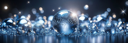 Abstract Blue Christmas Background With Glass Baubles And Water Drops, 3d Illustrationの素材
