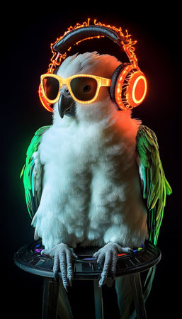 Neon Party Parrot DJ Cool Bird With Headphones And Sunglasses Isolated On Black Backgroundの素材