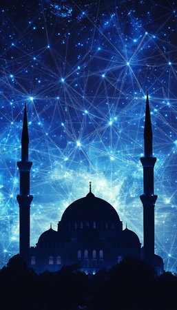 Silhouette of Mosque against Starry Night Sky with Digital Network Overlay Faith and Technologyの素材