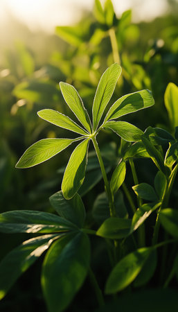 Vibrant Green Foliage Basking In Golden Sunlight, Nature Background, Copy Space, Texture, Patternの素材