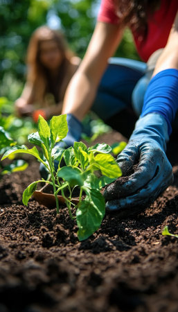 Spring Planting A Close-Up of Hands Gently Placing a Seedling into Fertile Garden Soil.の素材