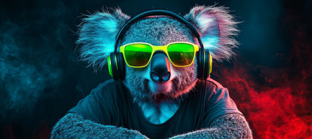 Koala DJ Rocks Out Cool Character in Headphones and Neon Sunglasses Enjoys the Musicの素材