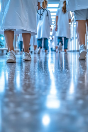 Medical Team Collaboration Healthcare Workers Walking Down Hospital Corridor, Focus on Foregroundの素材
