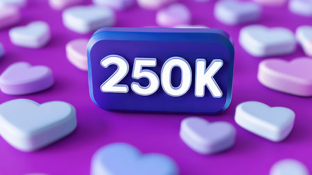 Blue 250K Sign Surrounded by Pastel Candy Hearts on Purple Background A Festive Celebration Conceptの素材