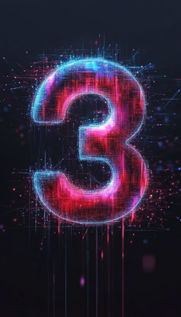 Glowing 3D Number Three on a Futuristic Abstract Background, Digital Art Illustrationの素材
