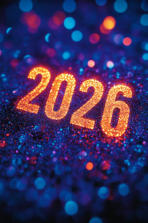 Golden Glitter 2026 on a Sparkling Blue Background, Perfect for New Year s Celebrationsの素材