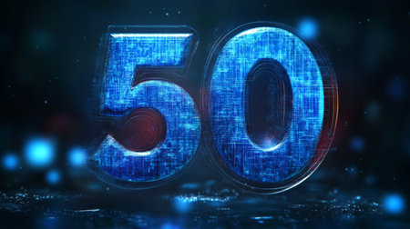 Glowing Futuristic Digital Number 50 On An Abstract Circuitry Background With Blue And Red Lightsの素材