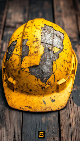 Old, Damaged Hard Hat, Construction Site Safety Hazard, Showing Signs of Wear, Time, and Useの素材