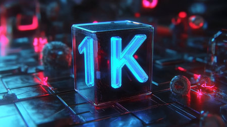 Glowing Digital 3D Number 1K in Futuristic Style on Abstract Background Celebrating 1000 Followersの素材
