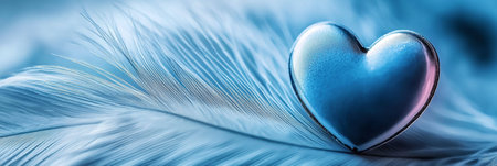 Blue Metallic Heart on Soft Feather, Love and Romance, Valentine s Day Concept, Macro Photographyの素材