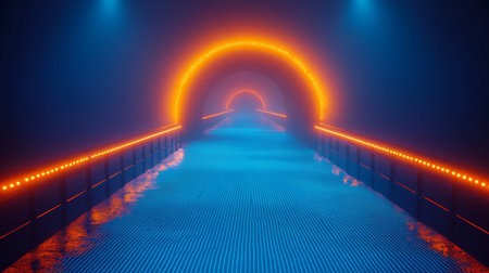 Neon Cyber Tunnel, Retro Futuristic Sci-Fi Corridor Background, Blue Nodes, Digital World,の素材