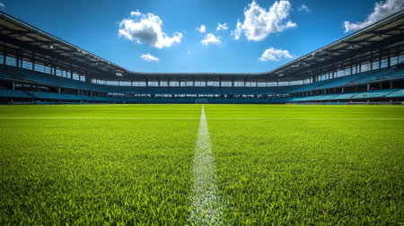 Lush Green Soccer Field with White Lines and Modern Stadium Architecture Under a Blue Skyの素材