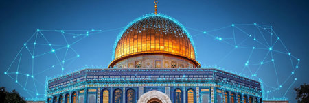 Dome of the Rock Illuminated at Night With Futuristic Network Connections, Jerusalem, Israelの素材