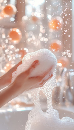 Gentle Touch, Sparkling Clean Close-Up of Soap Suds While Washing Dishes in Sunlit Kitchenの素材