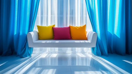 Minimalist Living Room with White Sofa, Colorful Cushions, and Sunlight through Blue Curtains.の素材