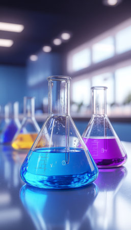 Laboratory Glassware with Colorful Chemical Liquids, Science Experiment, Research Conceptの素材