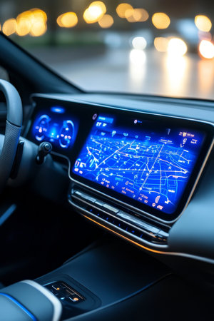 Electric Vehicle Dashboard with Advanced Technology and Navigation System, Photorealistic Styleの素材