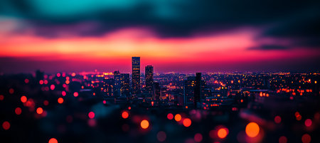City Skyline Silhouette at Sunset with Orange and Pink Sky and Bokeh Lights, Ideal for Backgroundsの素材