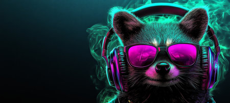 Cool Neon Party DJ Raccoon with Headphones and Sunglasses on a Dark Background with Smokeの素材