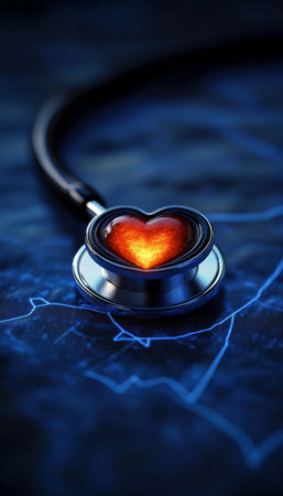 Stethoscope with Glowing Heart on Medical Background Cardiology and Healthcare Conceptの素材