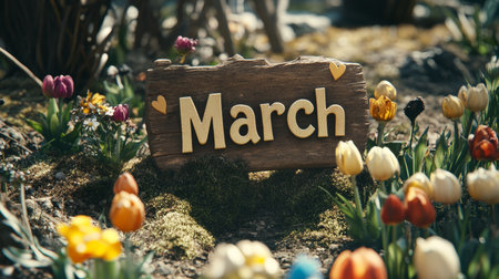Hello, March. A rustic wooden sign announces the arrival of spring amidst a vibrant tulip garden.の素材