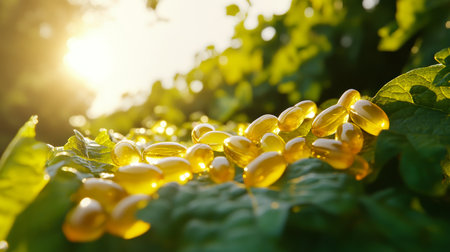 Golden capsules on green leaves. Sunlight, nature, vitamins, and dietary supplements.の素材