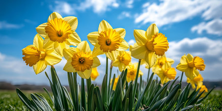 Yellow Daffodil Blooms, Bright Blue Sky With Fluffy Clouds, Green Grass Background. Spring Flowersの素材