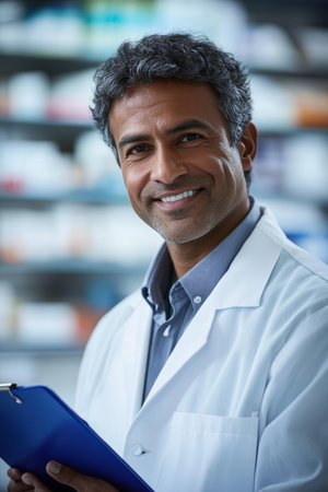 Smiling Pharmacist Holding Clipboard in a Bright Pharmacy. Shelves Stocked with Medicationの素材