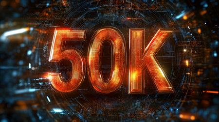 Glowing Digital 3D Number 50K in Futuristic Style on Abstract Background, Celebration of 50000の素材
