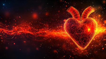 Glowing Red Stylized Human Heart with Abstract Electrocardiogram Wave on Dark Backgroundの素材