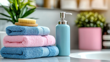 Freshly Folded Towels and Soap Dispenser Bathroom Essentials for a Relaxing Experienceの素材