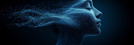 Abstract Human Face Formed by Blue Particles and Light Trails, Symbolizing AI and Technologyの素材