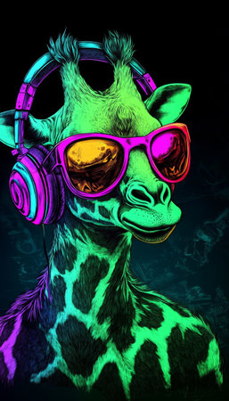 Neon Party Animal Cool Giraffe DJ Wearing Headphones and Stylish Sunglasses on a Vibrant Backgroundの素材