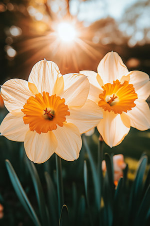 Springtime Sunshine Close-Up of Vibrant Yellow Daffodils Glowing in the Warm Afternoon Lightの素材