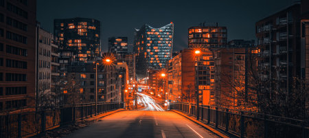 Illuminated Cityscape at Night with Residential Buildings and Street Lights, Urban Sceneの素材