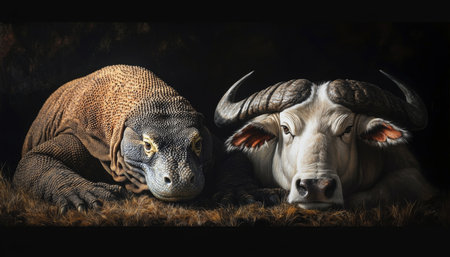 Komodo Dragon and African Cape Buffalo, Dramatic Wildlife Portrait on Black Backgroundの素材