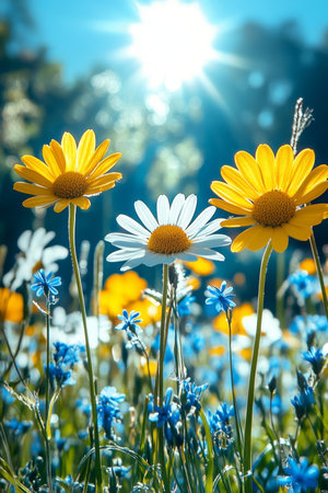 Sun-Kissed Meadow Vibrant Wildflowers in Full Bloom, Bokeh Background, Natural Lightの素材