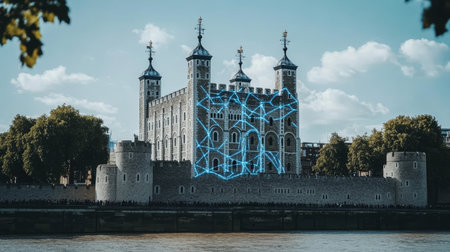Historic Tower of London With Digital Network Overlay, Blueprint, Architecture, England, UKの素材