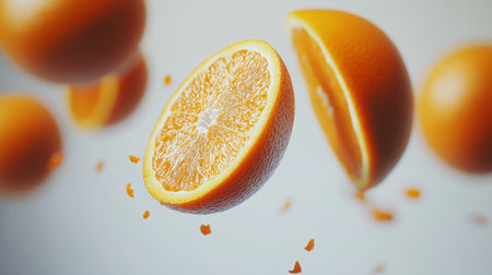 Fresh Sliced Oranges, Falling Pieces, Clean, Minimalist Studio Shot, Plenty of Copy Spaceの素材