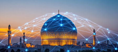 Imam Reza Shrine Connected by a Digital Network of Nodes and Lines at Twilight, Mashhad, Iranの素材
