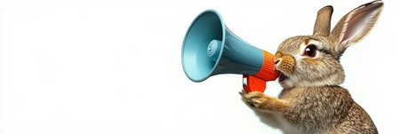 Cute Bunny Rabbit Holds Megaphone, Advertising, Marketing, Announcement Concept On White Backgroundの素材