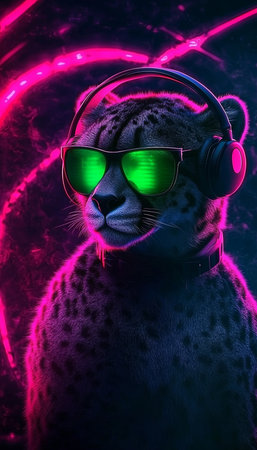 Cool Neon Cheetah DJ with Headphones and Sunglasses on Dark Background, Synthwave Style Illustrationの素材
