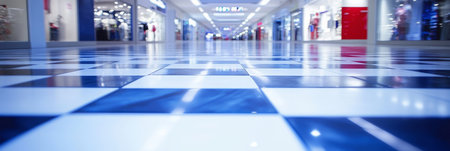 Shiny Checkerboard Floor in Modern Shopping Mall, Retail Store Background, Commerce Concept.の素材