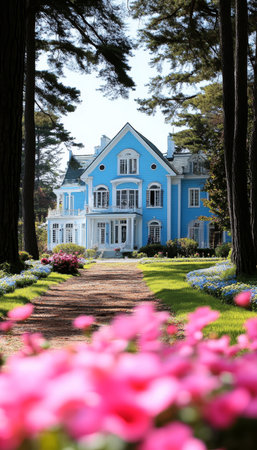 Charming Blue Victorian House, Garden Pathway, And Lush Green Trees On Beautiful Sunny Dayの素材