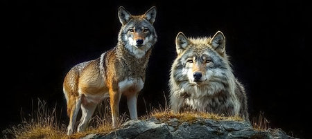 Two Majestic Wolves, One Red and One Gray, Perched on a Rocky Outcrop Against a Black Backdropの素材