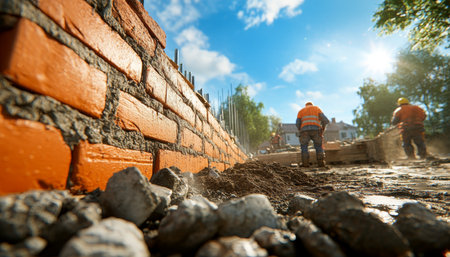 Building Progress Bricklayers Constructing Walls On A Sunny Day At A Construction Site.の素材
