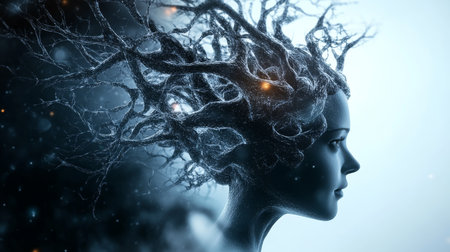 Woman Merging With Nature, Tree Roots Forming Intricate Patterns on Skin, Surreal Portraitの素材